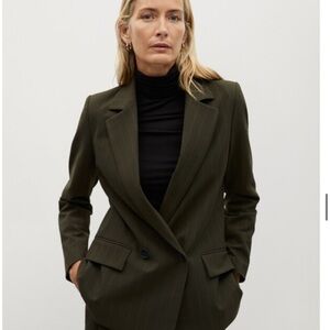 MANGO Olive Green Pinstripe Suit Blazer